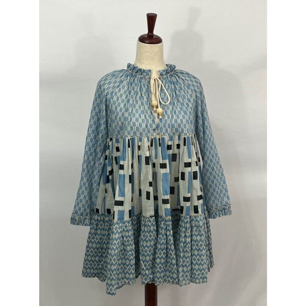 YVONNE S Sz S Small Blue Print Short Mini Hippy Dress